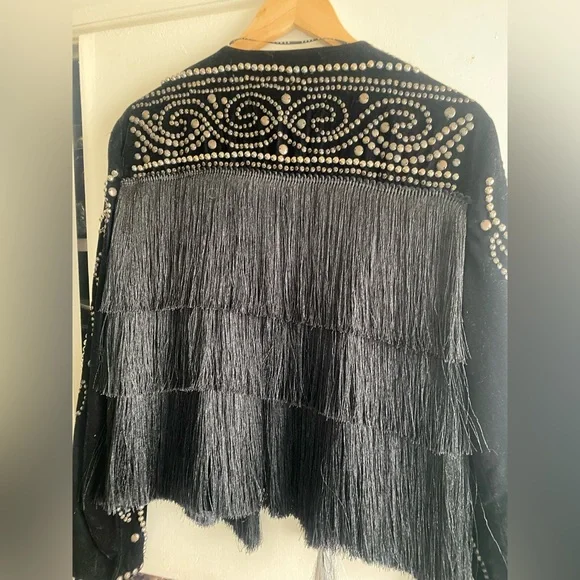 Zara Black Studded Fringe cropped jacket Blazer XL NEW! - Picture 4 of 5